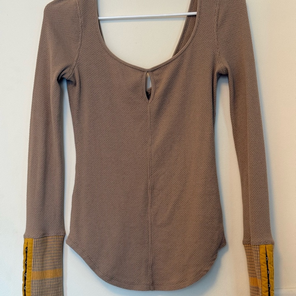 Free People Taupe Long Sleeve Top with Yellow Cuffs
